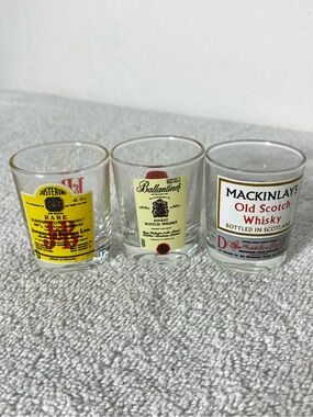 Vintage MCM Barware Scotch Whisky Shot Glasses J&B Rare Ballantine’s Mackinlay’s